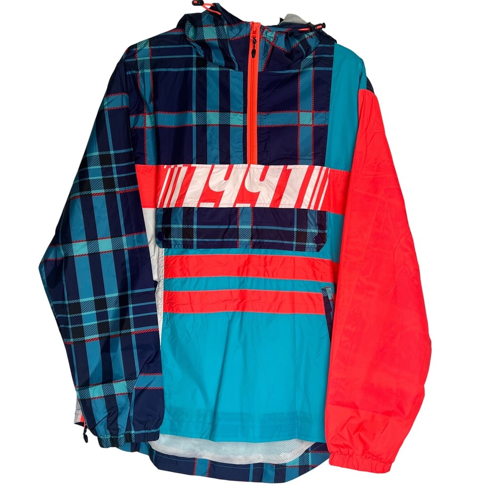 Smoke Rise Mens Teal Plaid Colorblock Half Zip Windbreaker Anorak Jacket Large